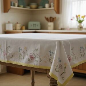 VINTAGE SPRING TABLECLOTH WITH WHIMSICAL EGGS, BUNNIES & SPRING FLOWERS.NEW